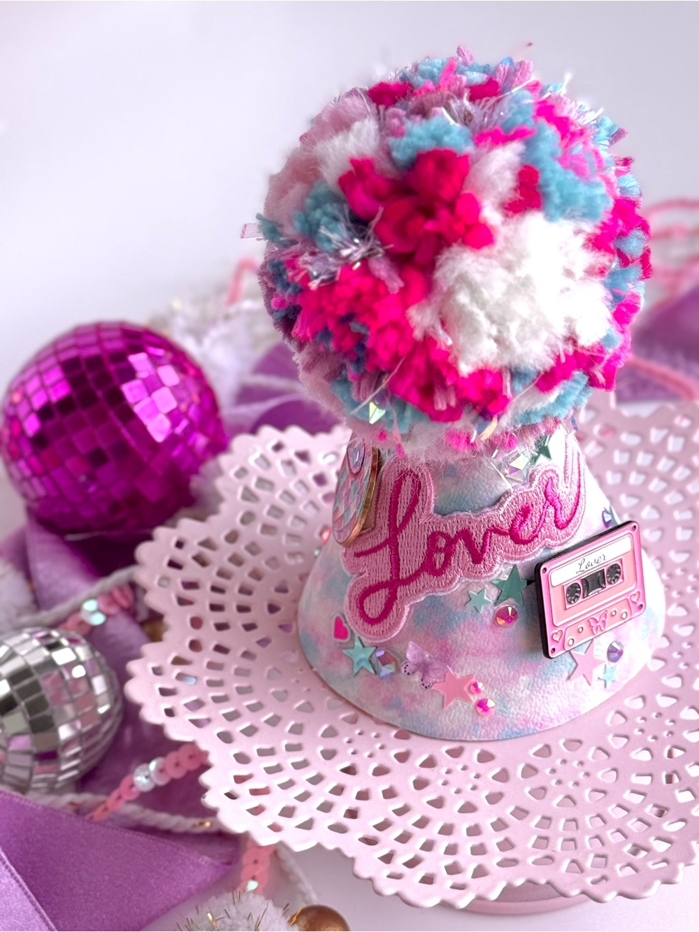 Colorful Pom-Pom Party Hat with "Lover" Patch